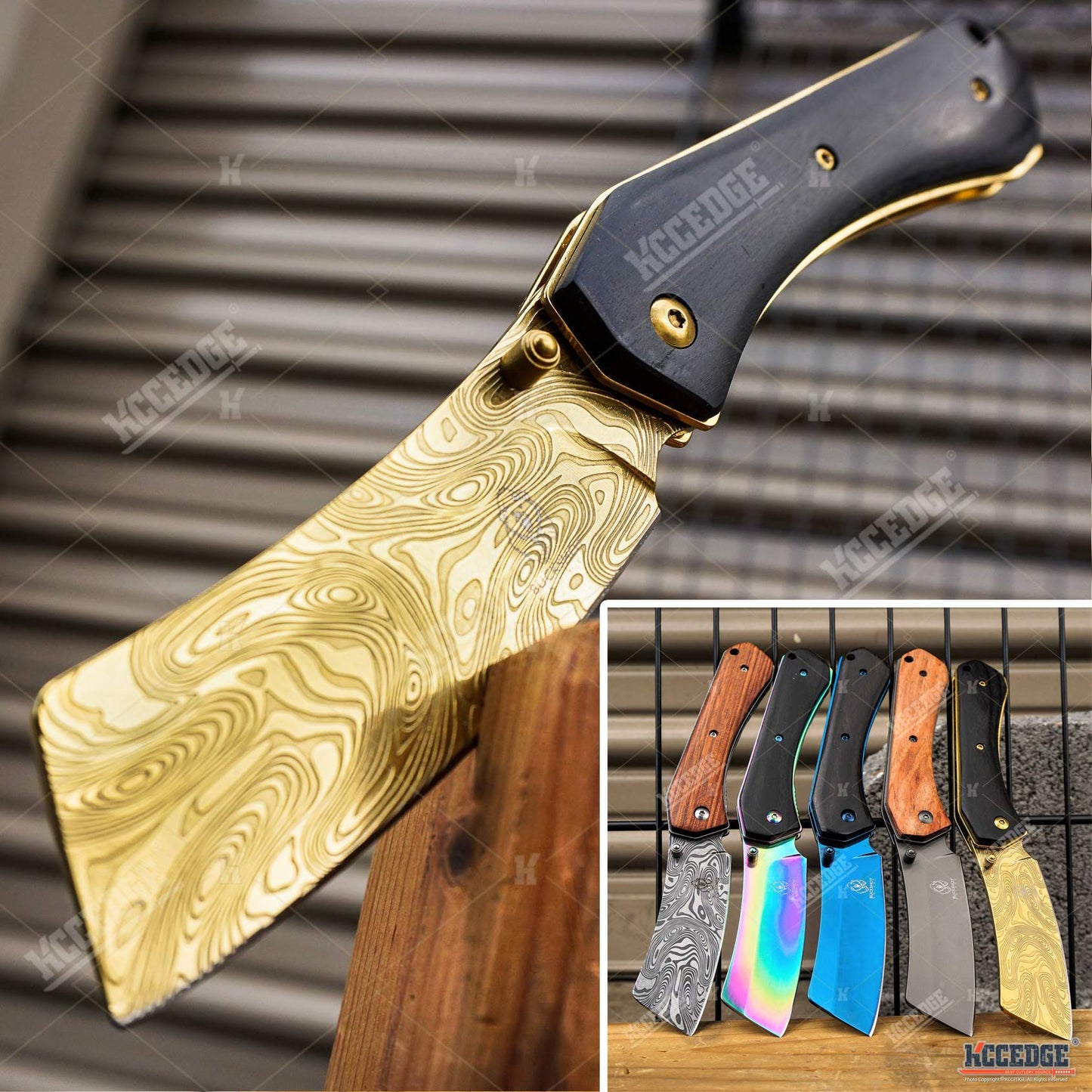 KCCEDGE BEST CUTLERY SOURCE EDC Pocket Knife Camping Accessories Razor Sharp Edge Cleaver Blade Folding Knife for Camping Gear Survival Kit 58649 (Black Gold)