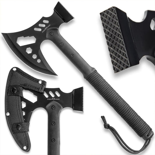 RIDGE RUNNER Tactical Multi-Tool Hammer and Axe with Sheath - Stainless Steel Head Has Integrated Hex Wrenches Paracord-Wrapped TPU Handle - Perfect for Survival and Camping Gear - Length 18"